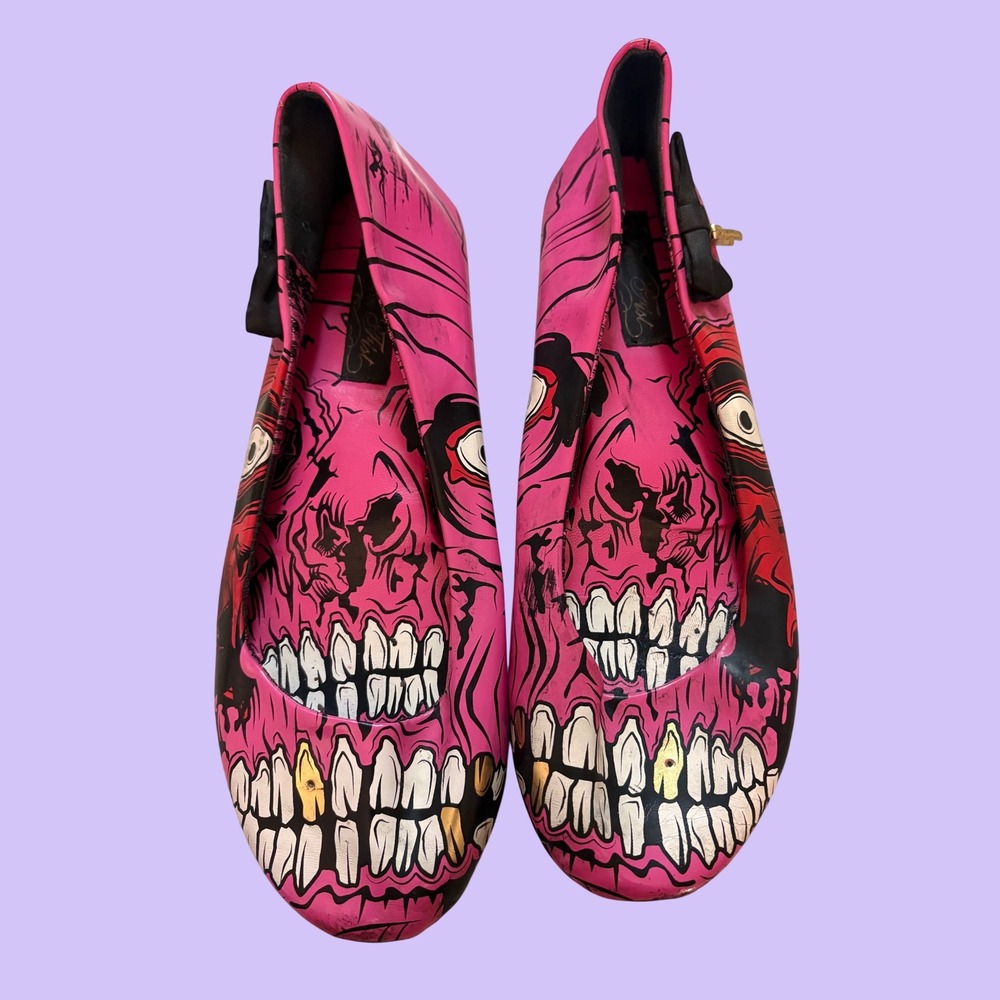 Y2K Rare Iron Fist Pink Zombie Skull Ballet Flats Bow Detail Scene